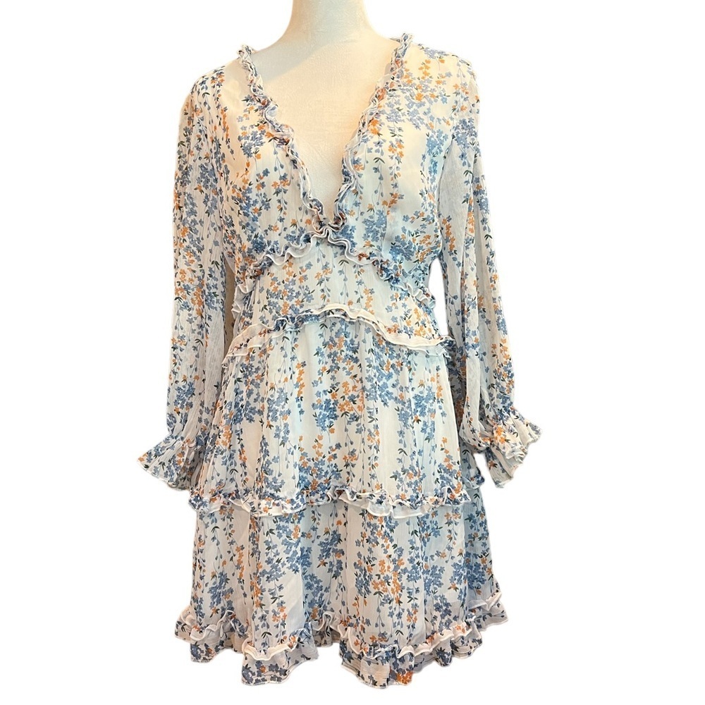 Small Sexyshine Women‘s Deep V Neck Ruffle Floral Print Open Back Mini Dress - Picture 8 of 11